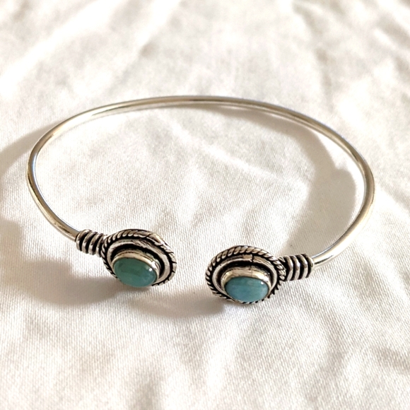 Larimar Gemstone 925 Silver Plated Handmade Adjustable Bangle Bracelet - Picture 3 of 5